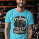 Mechanic Technician T-Shirt — "I Turn Coffee Into Horsepower" Vintage Work Shirt — lagoon-blue — Model Mechanic Technician T-Shirt — "I Turn Coffee Into Horsepower" Vintage Work Shirt — lagoon-blue t-shirt, model photo | Pressure Tested Co
