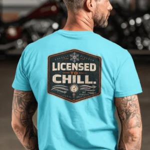 Funny HVAC Tee - "Licensed To Chill" HVAC Technician T-Shirt — lagoon-blue t-shirt, model photo | Pressure Tested Co
