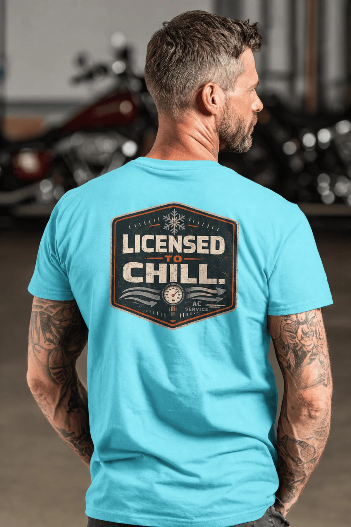 Funny HVAC Tee - "Licensed To Chill" HVAC Technician T-Shirt — lagoon-blue t-shirt, model photo | Pressure Tested Co