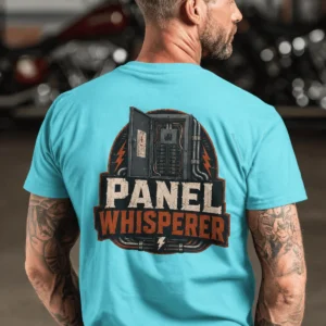 Funny Electrician Tee - "Panel Whisperer" Electrical Worker T-Shirt — lagoon-blue t-shirt, model photo | Pressure Tested Co