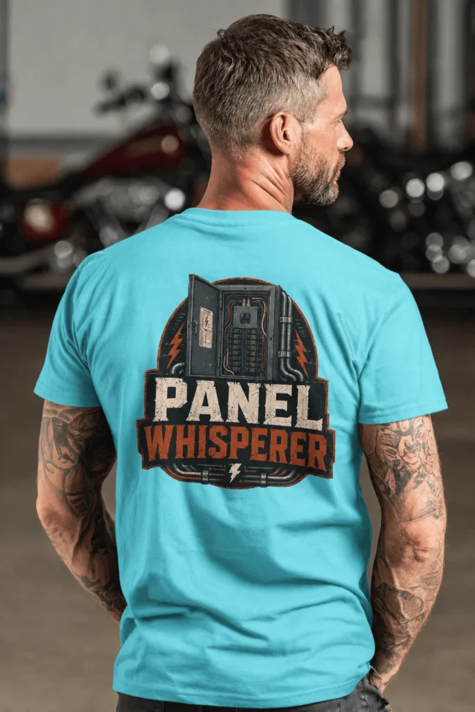 Funny Electrician Tee - "Panel Whisperer" Electrical Worker T-Shirt — lagoon-blue t-shirt, model photo | Pressure Tested Co