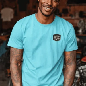 Funny HVAC Tee - "Licensed To Chill" HVAC Technician T-Shirt — lagoon-blue t-shirt, model photo | Pressure Tested Co