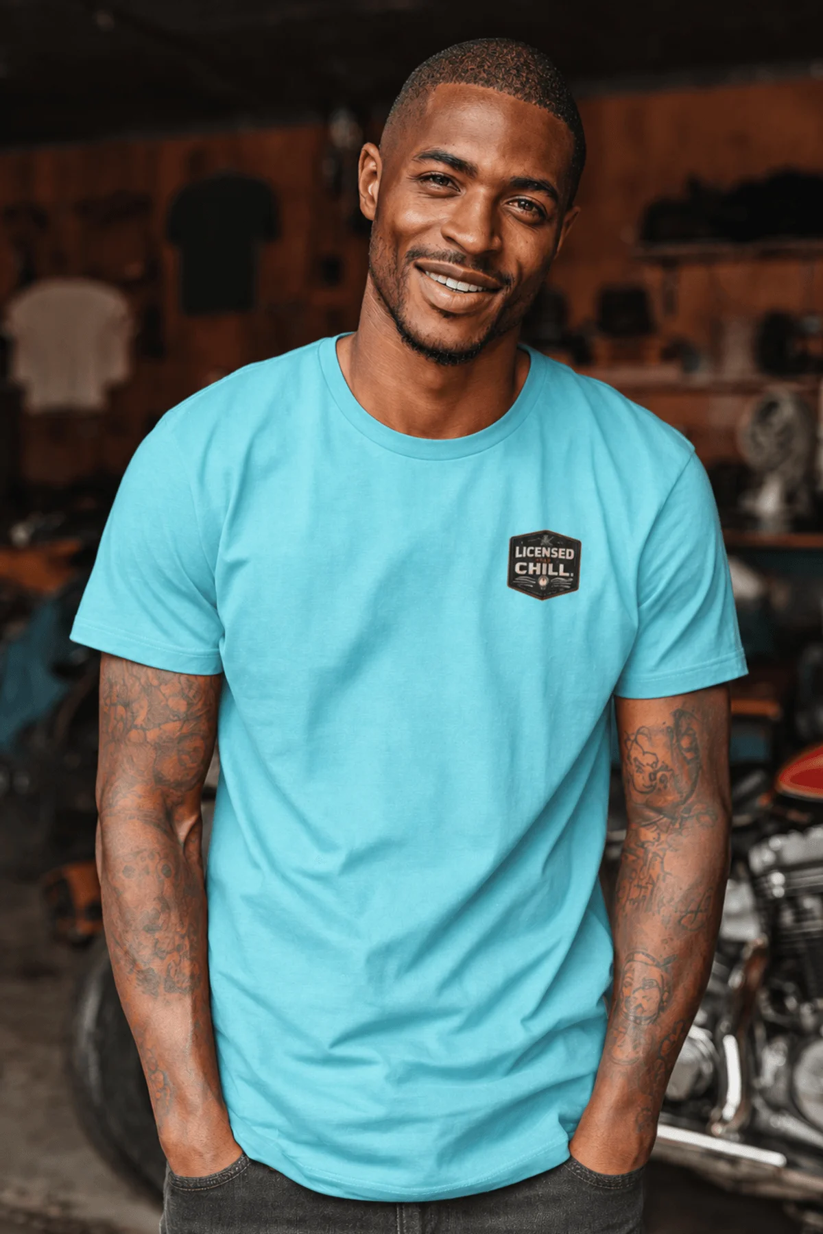 Funny HVAC Tee - "Licensed To Chill" HVAC Technician T-Shirt — lagoon-blue t-shirt, model photo | Pressure Tested Co