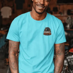 Funny Electrician Tee - "Panel Whisperer" Electrical Worker T-Shirt — lagoon-blue t-shirt, model photo | Pressure Tested Co