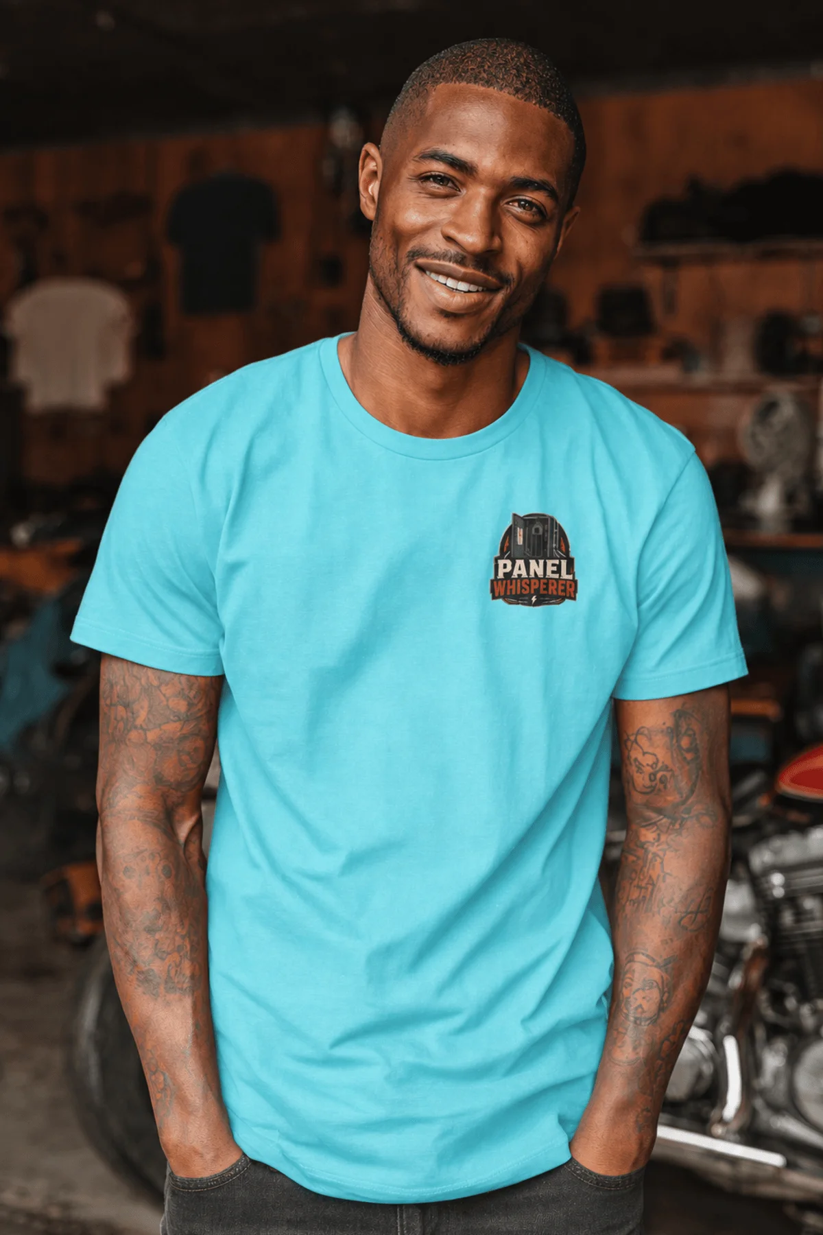 Funny Electrician Tee - "Panel Whisperer" Electrical Worker T-Shirt — lagoon-blue t-shirt, model photo | Pressure Tested Co