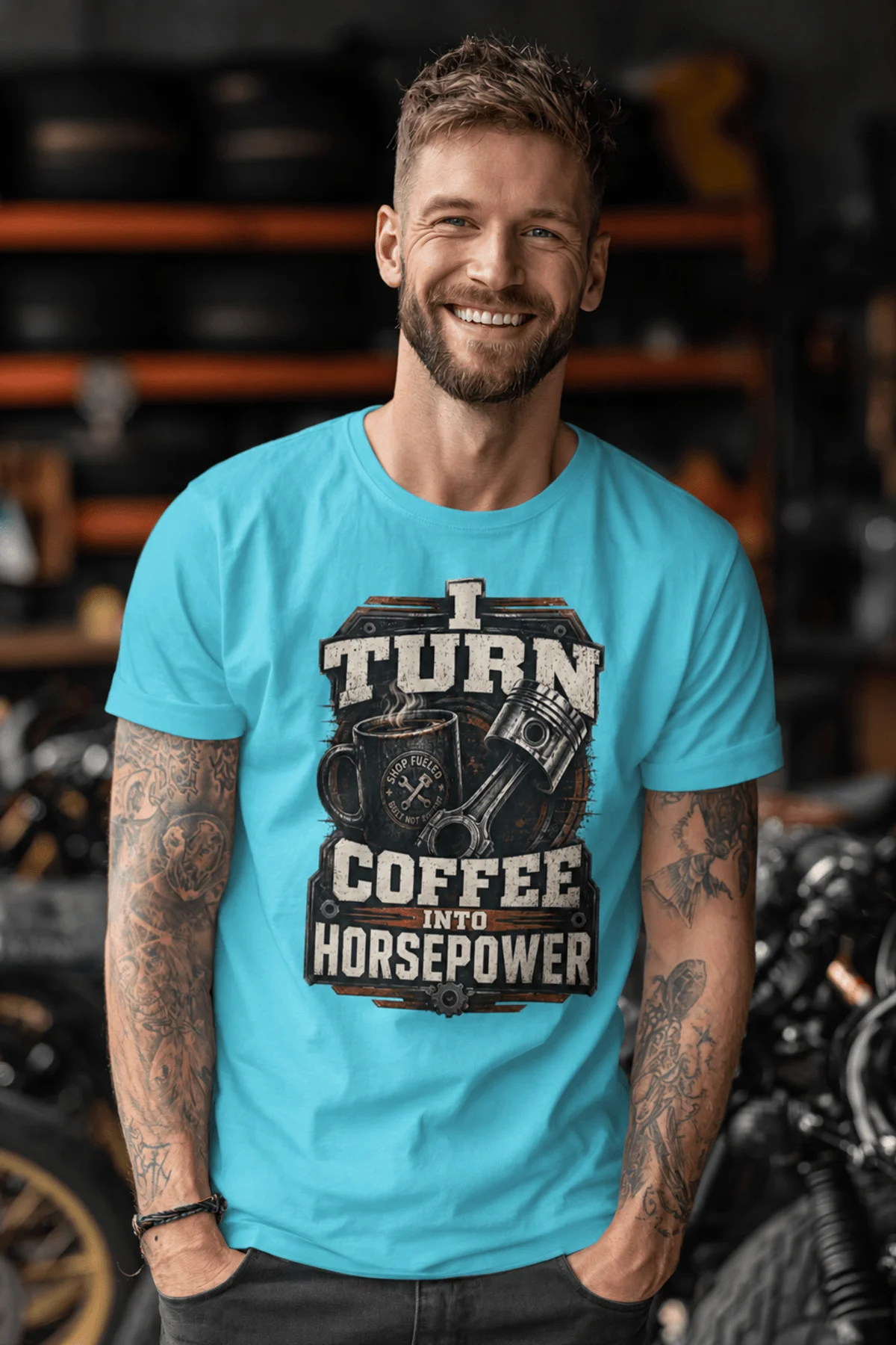 Mechanic Technician T-Shirt — "I Turn Coffee Into Horsepower" Vintage Work Shirt — lagoon-blue — Model Mechanic Technician T-Shirt — "I Turn Coffee Into Horsepower" Vintage Work Shirt — lagoon-blue t-shirt, model photo | Pressure Tested Co