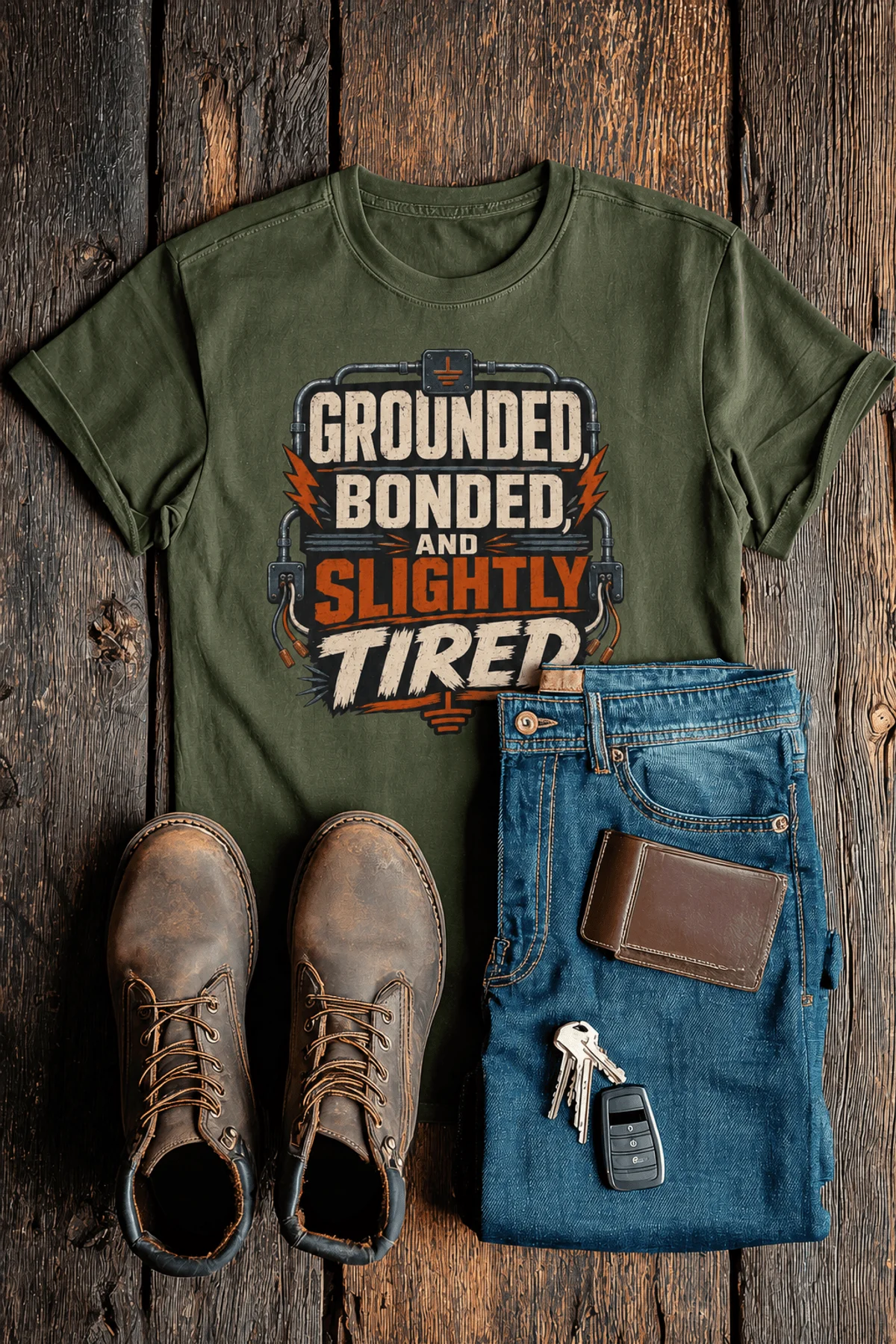 Grounded, Bonded and Slightly Tired Graphic Tee — Funny Electrical Worker Shirt — military-green t-shirt, flat-lay product photo | Pressure Tested Co