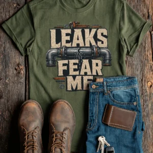 Leaks Fear Me T-Shirt - Funny Plumber Pipes Tee — military-green t-shirt, flat-lay product photo | Pressure Tested Co