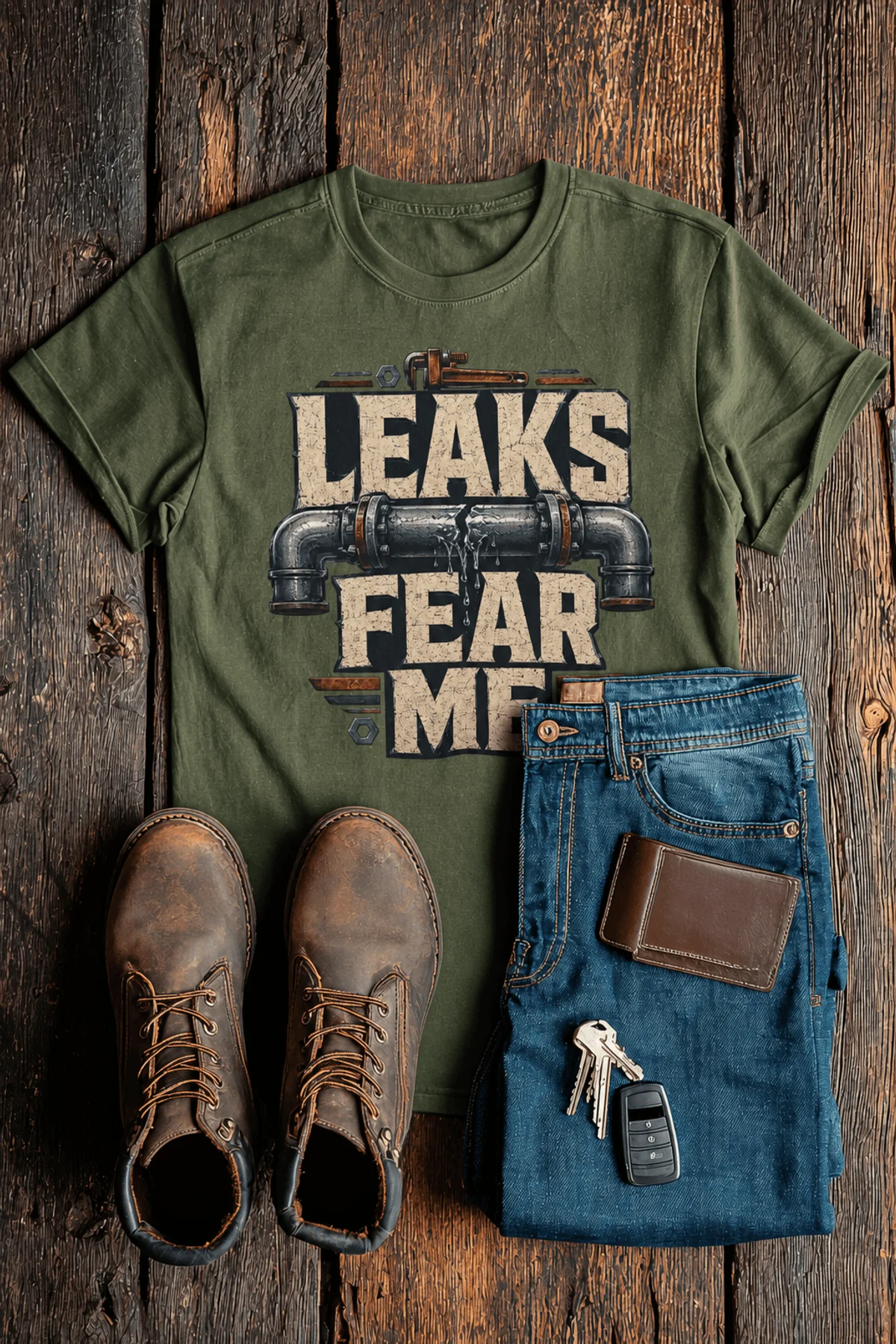 Leaks Fear Me T-Shirt - Funny Plumber Pipes Tee — military-green t-shirt, flat-lay product photo | Pressure Tested Co