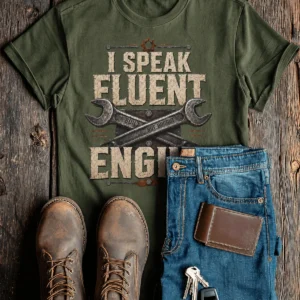 I Speak Fluent Engine T-Shirt — Mechanic Wrench Vintage Auto Repair Tee — military-green t-shirt, flat-lay product photo | Pressure Tested Co