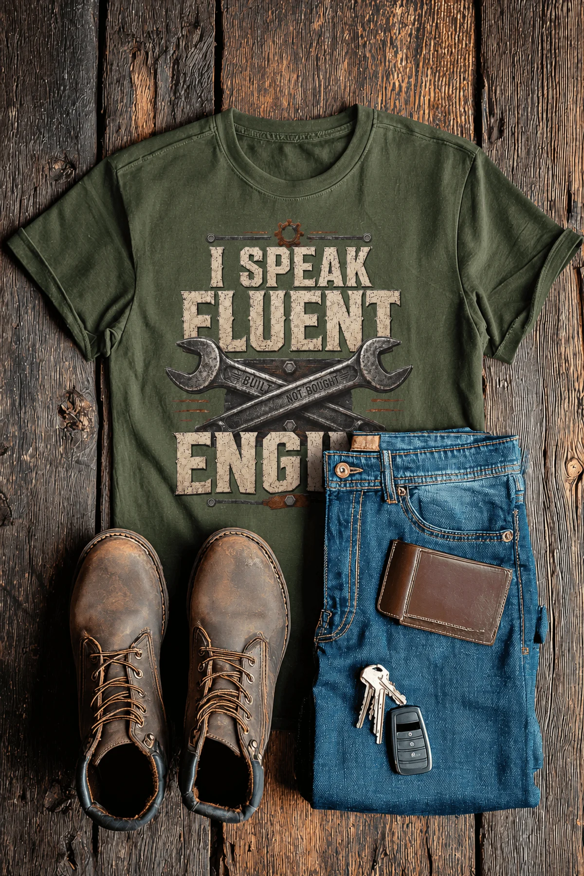 I Speak Fluent Engine T-Shirt — Mechanic Wrench Vintage Auto Repair Tee — military-green — Flat-lay I Speak Fluent Engine T-Shirt — Mechanic Wrench Vintage Auto Repair Tee — military-green t-shirt, flat-lay product photo | Pressure Tested Co