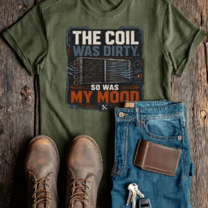 HVAC Technician Tee — “THE COIL WAS DIRTY. SO WAS MY MOOD.” — military-green t-shirt, flat-lay product photo | Pressure Tested Co