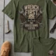Wrench First Tee — "Wrench First, Questions Later" Mechanic Skull T-Shirt — military-green t-shirt, flat-lay product photo | Pressure Tested Co