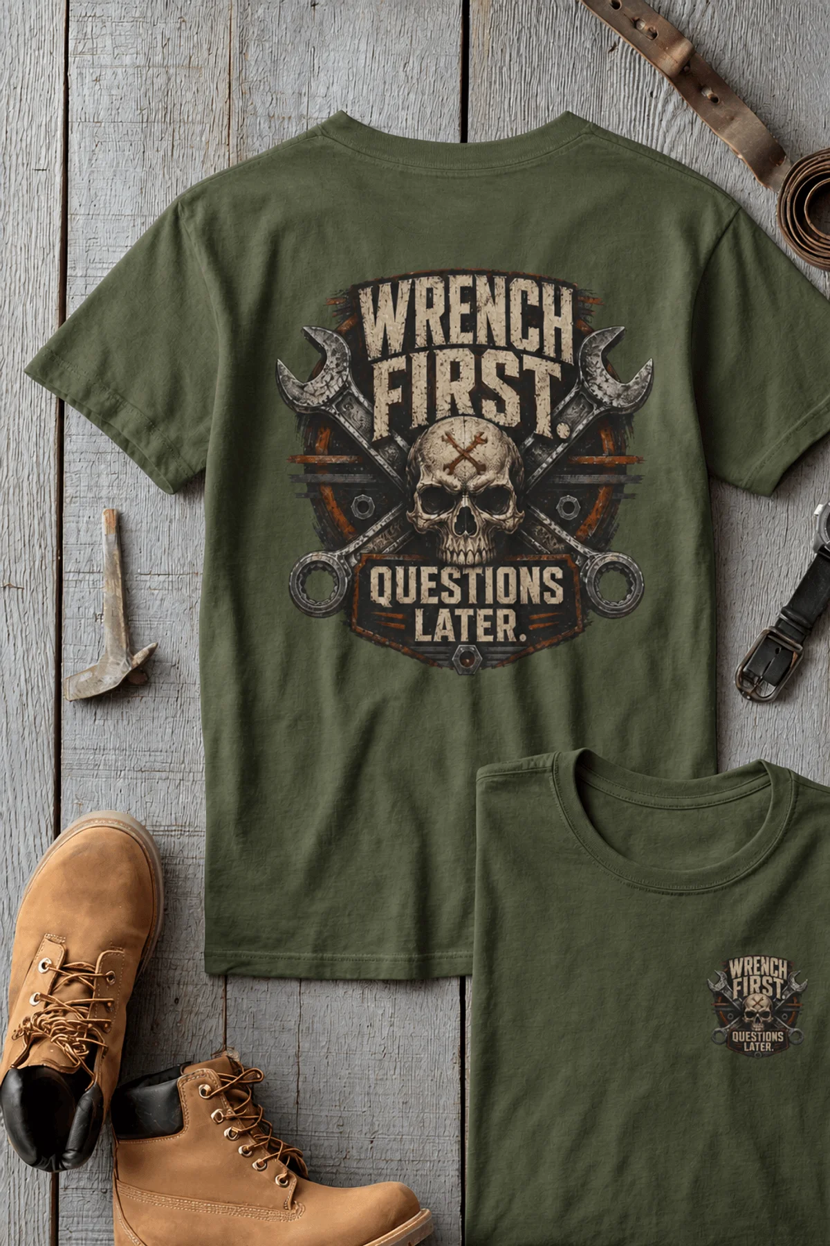 Wrench First Tee — "Wrench First, Questions Later" Mechanic Skull T-Shirt — military-green t-shirt, flat-lay product photo | Pressure Tested Co