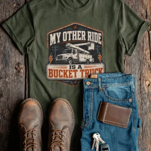 Bucket Truck T-Shirt - “My Other Ride Is A Bucket Truck” Utility Crew/Electrician Tee — military-green t-shirt, flat-lay product photo | Pressure Tested Co
