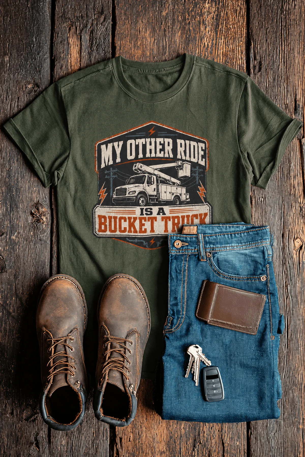 Bucket Truck T-Shirt - “My Other Ride Is A Bucket Truck” Utility Crew/Electrician Tee — military-green t-shirt, flat-lay product photo | Pressure Tested Co