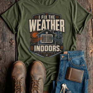 Funny HVAC Technician Tee - “I Fix The Weather Indoors.” Cooling/Furnace Shop Work Shirt — military-green t-shirt, flat-lay product photo | Pressure Tested Co