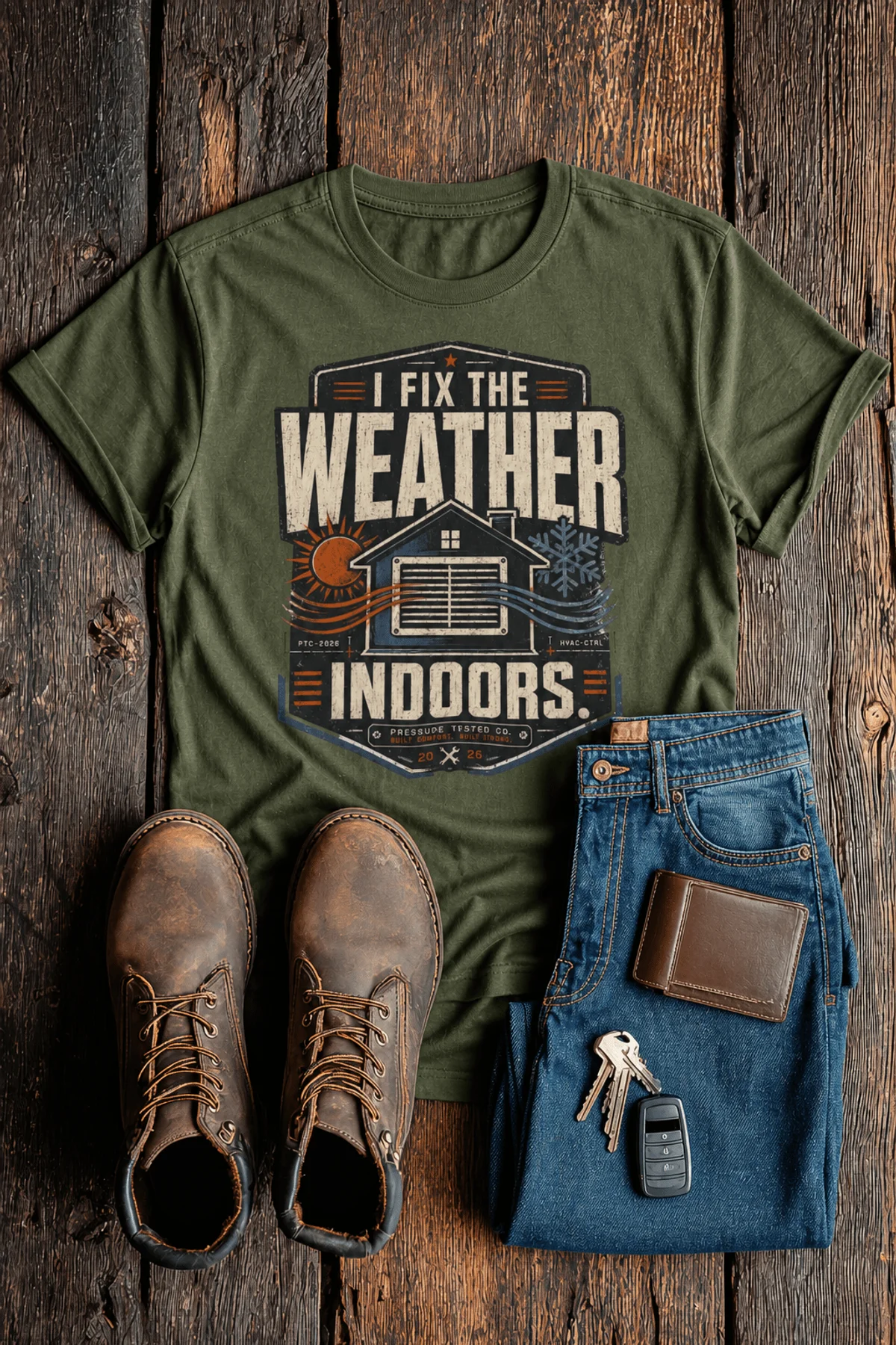 Funny HVAC Technician Tee - “I Fix The Weather Indoors.” Cooling/Furnace Shop Work Shirt — military-green — Flat-lay Funny HVAC Technician Tee - “I Fix The Weather Indoors.” Cooling/Furnace Shop Work Shirt — military-green t-shirt, flat-lay product photo | Pressure Tested Co