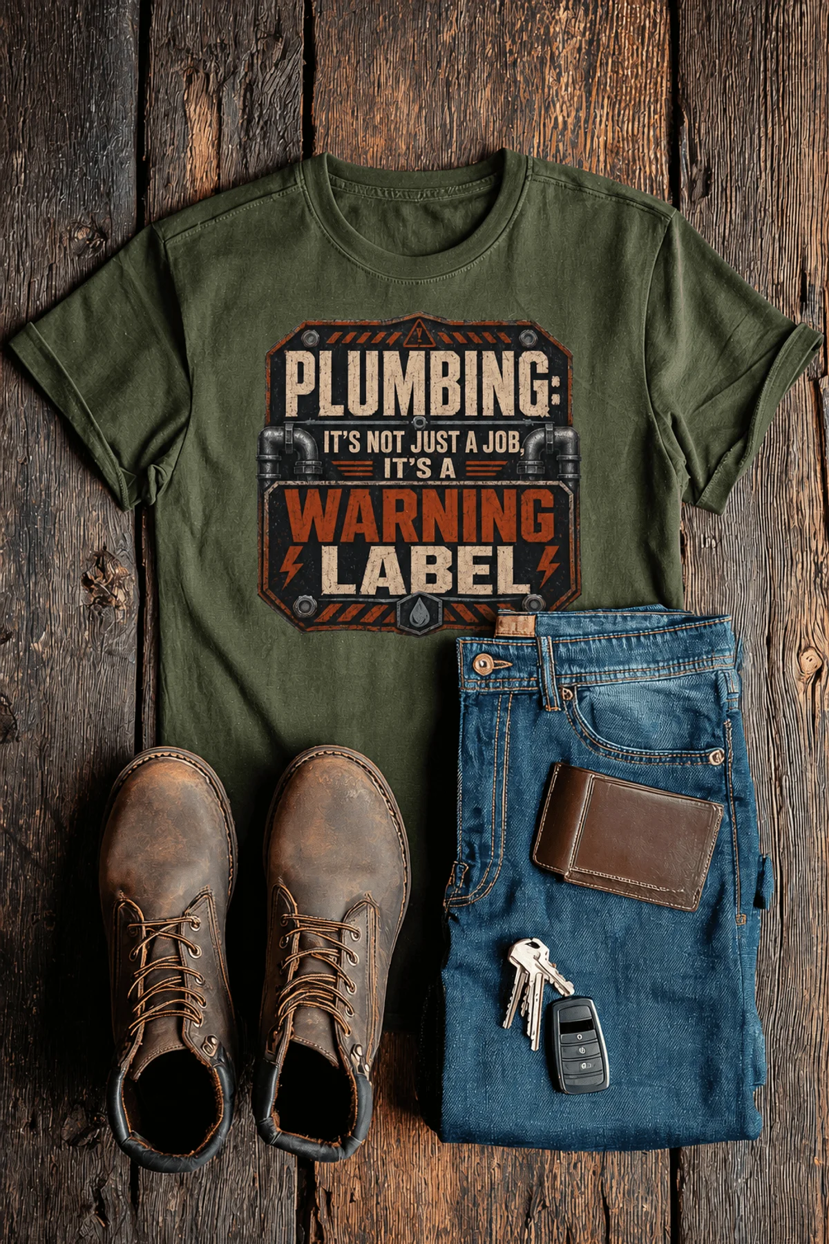 Plumbing Warning Label T-Shirt — Funny Plumber Shirt — military-green t-shirt, flat-lay product photo | Pressure Tested Co
