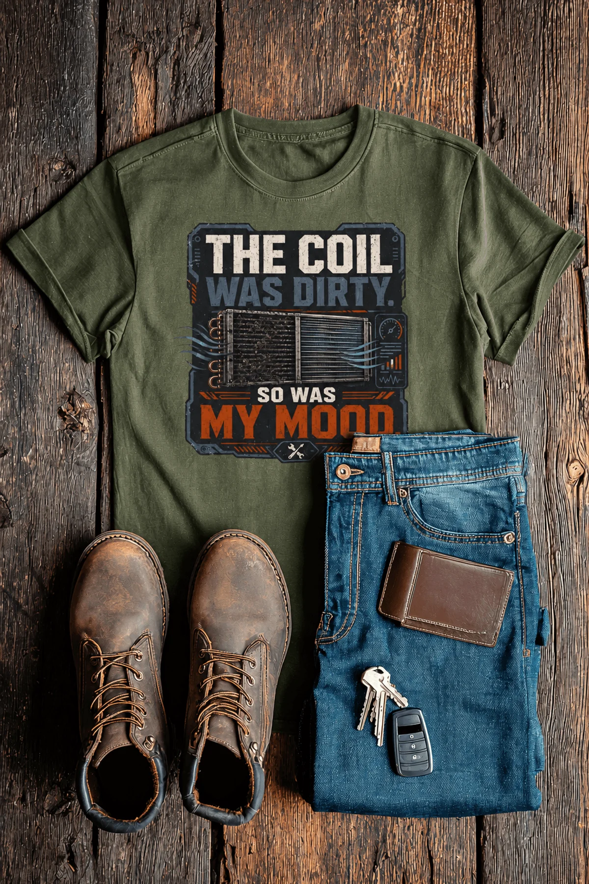 HVAC Technician Tee — “THE COIL WAS DIRTY. SO WAS MY MOOD.” — military-green — Flat-lay HVAC Technician Tee — “THE COIL WAS DIRTY. SO WAS MY MOOD.” — military-green t-shirt, flat-lay product photo | Pressure Tested Co