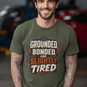 Grounded, Bonded and Slightly Tired Graphic Tee — Funny Electrical Worker Shirt — military-green t-shirt, model photo | Pressure Tested Co