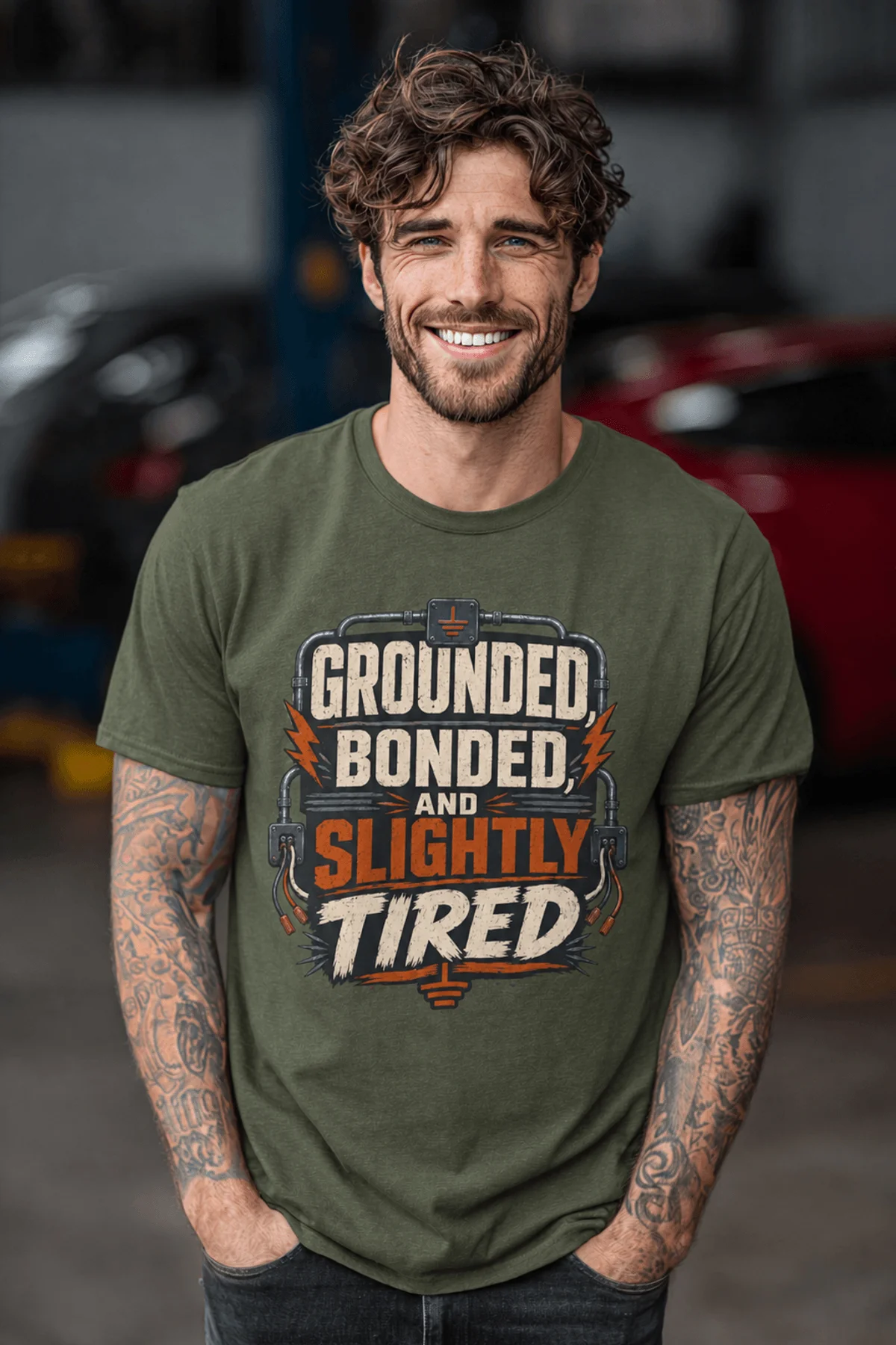 Grounded, Bonded and Slightly Tired Graphic Tee — Funny Electrical Worker Shirt — military-green t-shirt, model photo | Pressure Tested Co