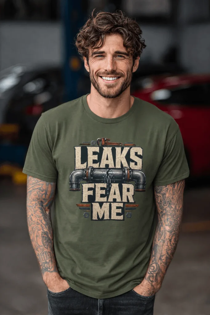 Leaks Fear Me T-Shirt - Funny Plumber Pipes Tee — military-green t-shirt, model photo | Pressure Tested Co