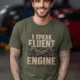 I Speak Fluent Engine T-Shirt — Mechanic Wrench Vintage Auto Repair Tee — military-green — Model I Speak Fluent Engine T-Shirt — Mechanic Wrench Vintage Auto Repair Tee — military-green t-shirt, model photo | Pressure Tested Co