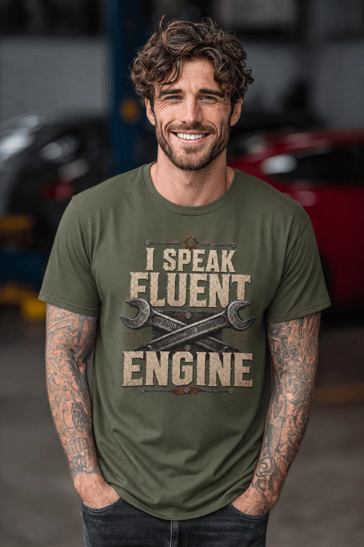 I Speak Fluent Engine T-Shirt — Mechanic Wrench Vintage Auto Repair Tee — military-green — Model I Speak Fluent Engine T-Shirt — Mechanic Wrench Vintage Auto Repair Tee — military-green t-shirt, model photo | Pressure Tested Co