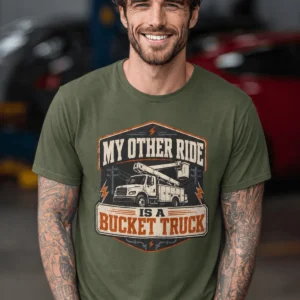 Bucket Truck T-Shirt - “My Other Ride Is A Bucket Truck” Utility Crew/Electrician Tee — military-green t-shirt, model photo | Pressure Tested Co