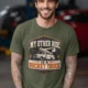 Bucket Truck T-Shirt - “My Other Ride Is A Bucket Truck” Utility Crew/Electrician Tee — military-green t-shirt, model photo | Pressure Tested Co
