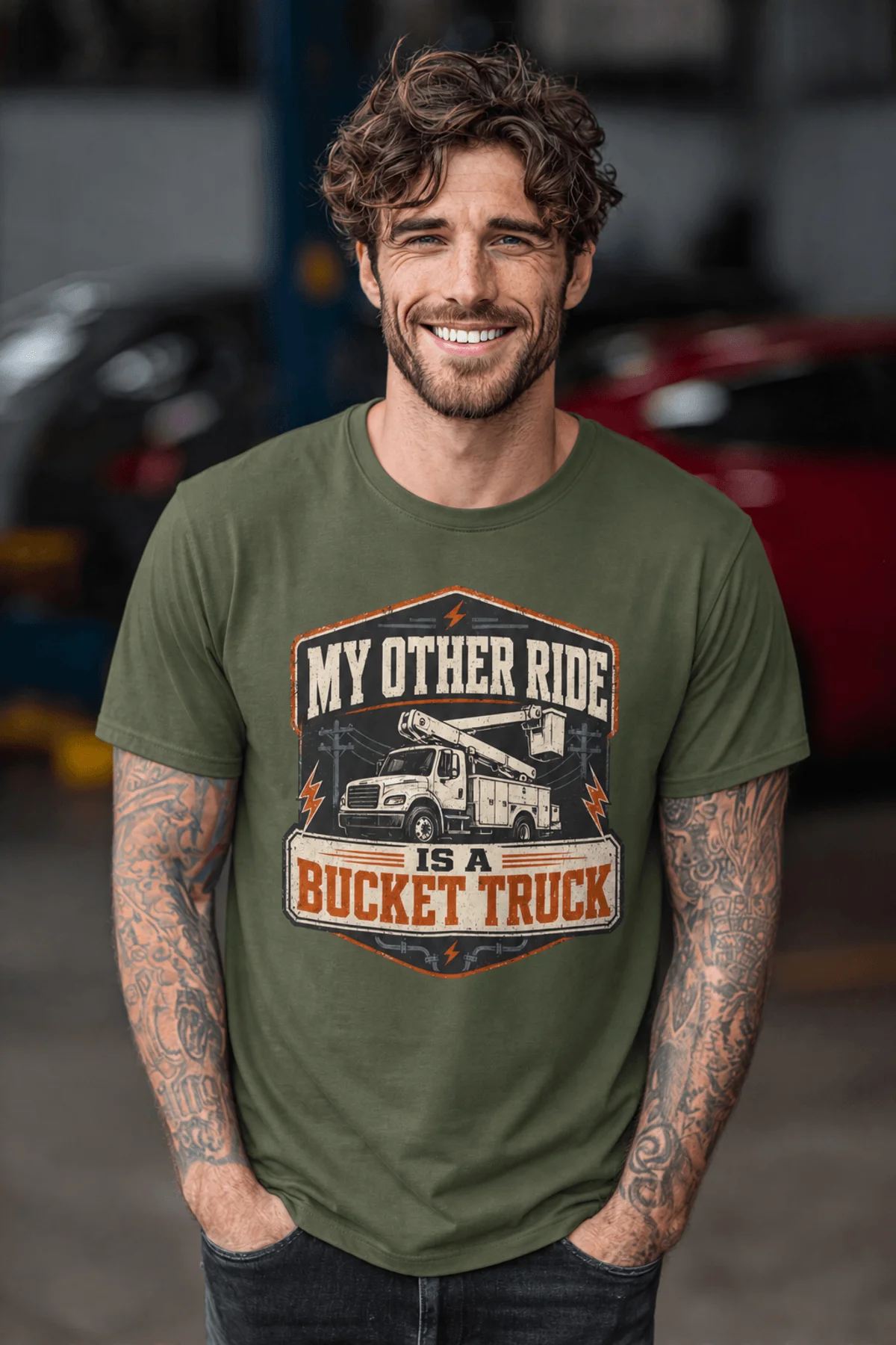 Bucket Truck T-Shirt - “My Other Ride Is A Bucket Truck” Utility Crew/Electrician Tee — military-green t-shirt, model photo | Pressure Tested Co