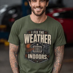 Funny HVAC Technician Tee - “I Fix The Weather Indoors.” Cooling/Furnace Shop Work Shirt — military-green t-shirt, model photo | Pressure Tested Co
