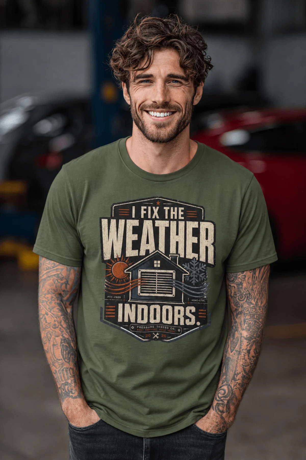 Funny HVAC Technician Tee - “I Fix The Weather Indoors.” Cooling/Furnace Shop Work Shirt — military-green — Model Funny HVAC Technician Tee - “I Fix The Weather Indoors.” Cooling/Furnace Shop Work Shirt — military-green t-shirt, model photo | Pressure Tested Co