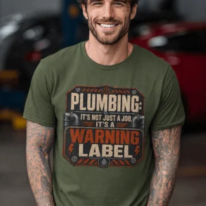 Plumbing Warning Label T-Shirt — Funny Plumber Shirt — military-green t-shirt, model photo | Pressure Tested Co