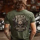 Wrench First Tee — "Wrench First, Questions Later" Mechanic Skull T-Shirt — military-green t-shirt, model photo | Pressure Tested Co