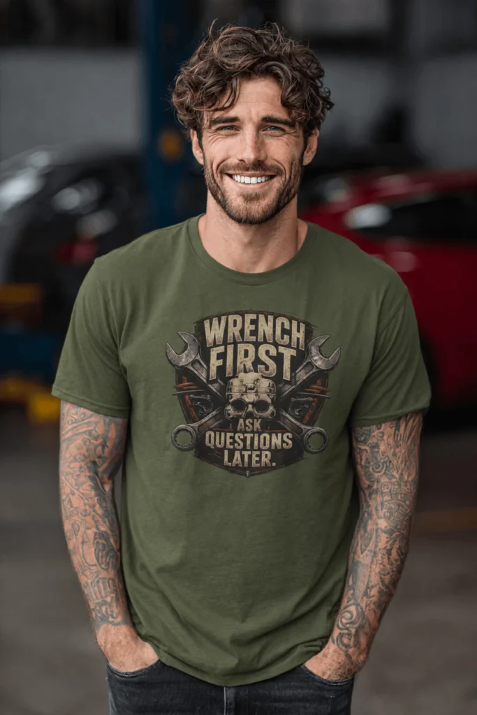 Wrench First Tee — "Wrench First, Questions Later" Mechanic Skull T-Shirt — military-green t-shirt, model photo | Pressure Tested Co