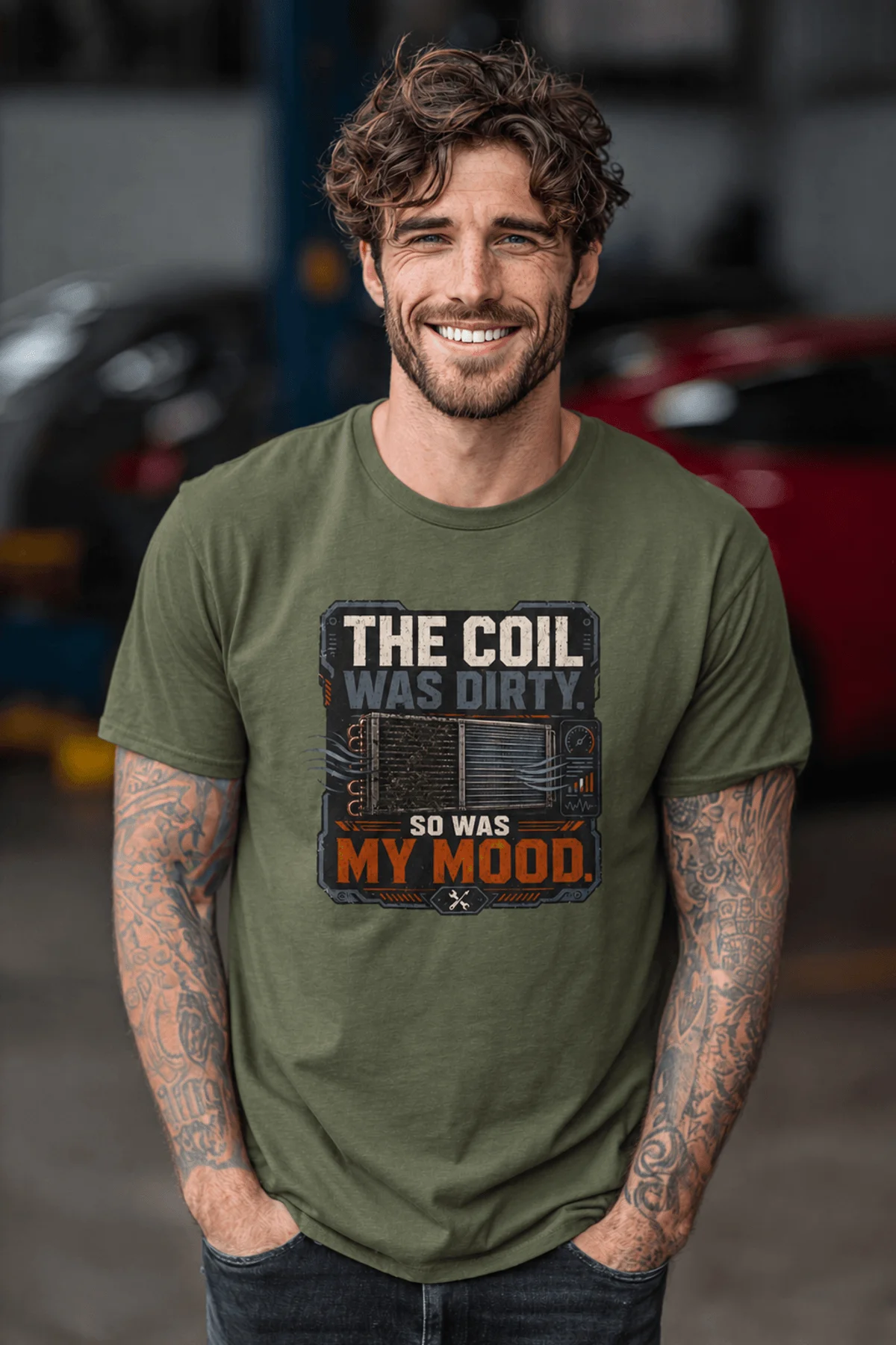HVAC Technician Tee — “THE COIL WAS DIRTY. SO WAS MY MOOD.” — military-green — Model HVAC Technician Tee — “THE COIL WAS DIRTY. SO WAS MY MOOD.” — military-green t-shirt, model photo | Pressure Tested Co