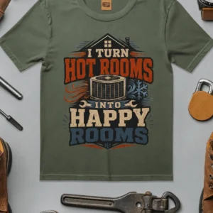 HVAC Technician T-Shirt — "I Turn Hot Rooms Into Happy Rooms" Vintage HVAC Shirt — moss t-shirt, flat-lay product photo | Pressure Tested Co