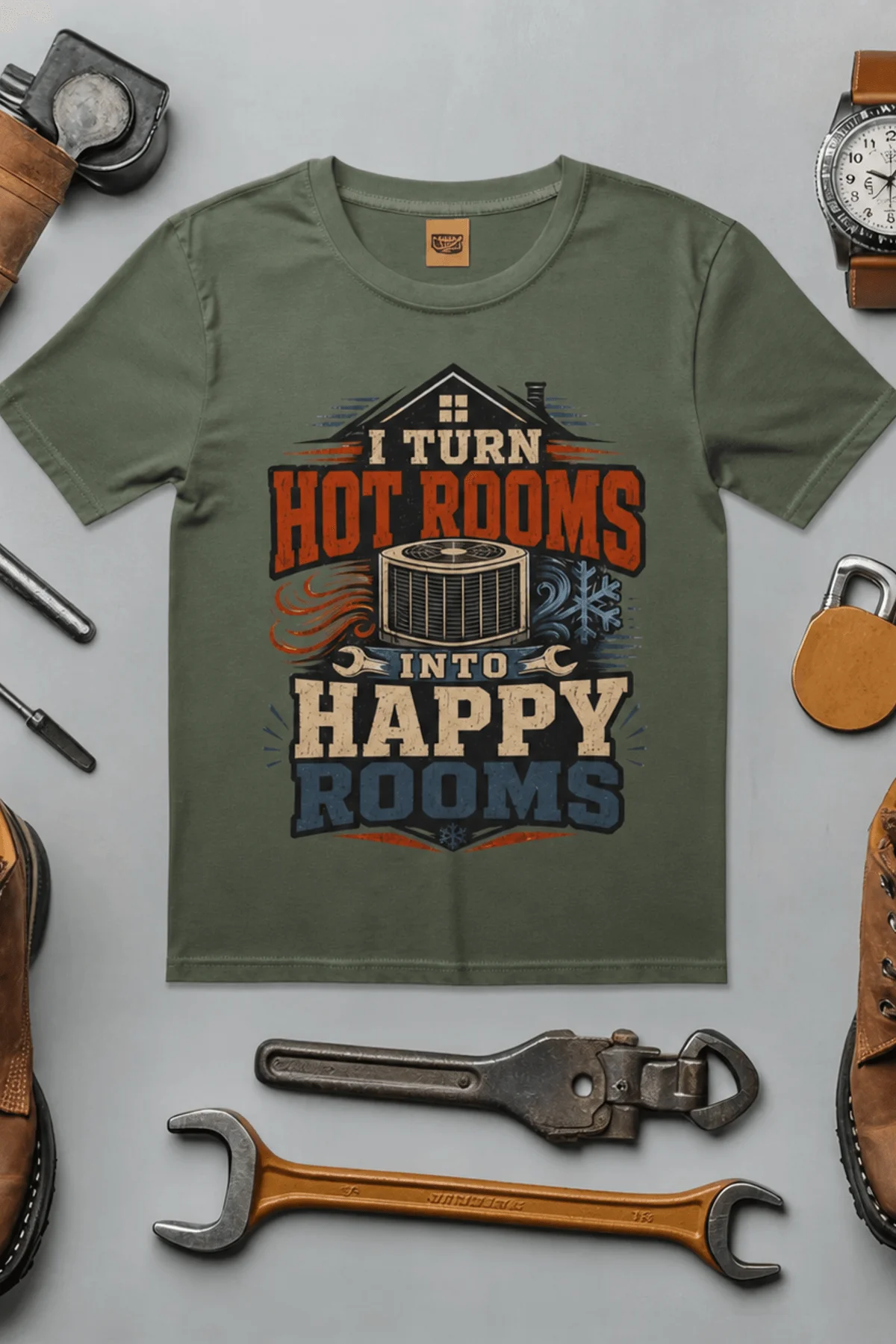 HVAC Technician T-Shirt — "I Turn Hot Rooms Into Happy Rooms" Vintage HVAC Shirt — moss — Flat-lay HVAC Technician T-Shirt — "I Turn Hot Rooms Into Happy Rooms" Vintage HVAC Shirt — moss t-shirt, flat-lay product photo | Pressure Tested Co