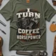 Mechanic Technician T-Shirt — "I Turn Coffee Into Horsepower" Vintage Work Shirt — moss — Flat-lay Mechanic Technician T-Shirt — "I Turn Coffee Into Horsepower" Vintage Work Shirt — moss t-shirt, flat-lay product photo | Pressure Tested Co