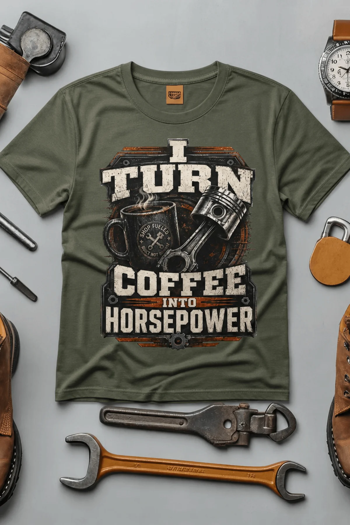 Mechanic Technician T-Shirt — "I Turn Coffee Into Horsepower" Vintage Work Shirt — moss — Flat-lay Mechanic Technician T-Shirt — "I Turn Coffee Into Horsepower" Vintage Work Shirt — moss t-shirt, flat-lay product photo | Pressure Tested Co