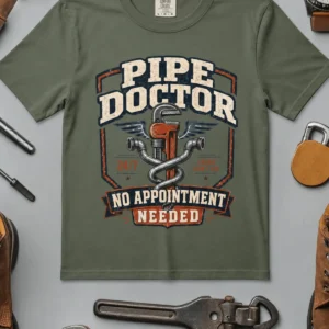 Plumber T-Shirt — "Pipe Doctor. No Appointment Needed" Vintage Work Shirt — moss t-shirt, flat-lay product photo | Pressure Tested Co