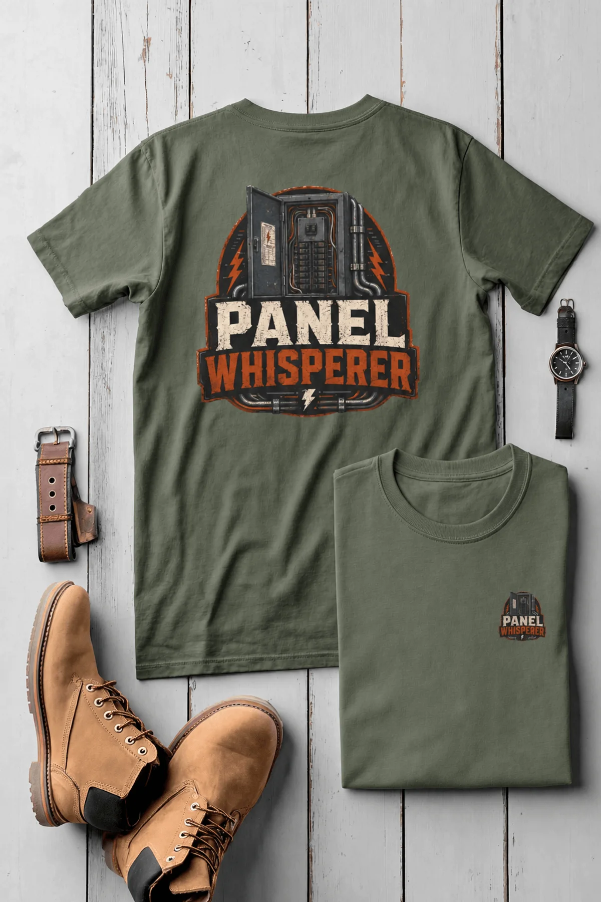 Funny Electrician Tee - "Panel Whisperer" Electrical Worker T-Shirt — moss t-shirt, flat-lay product photo | Pressure Tested Co