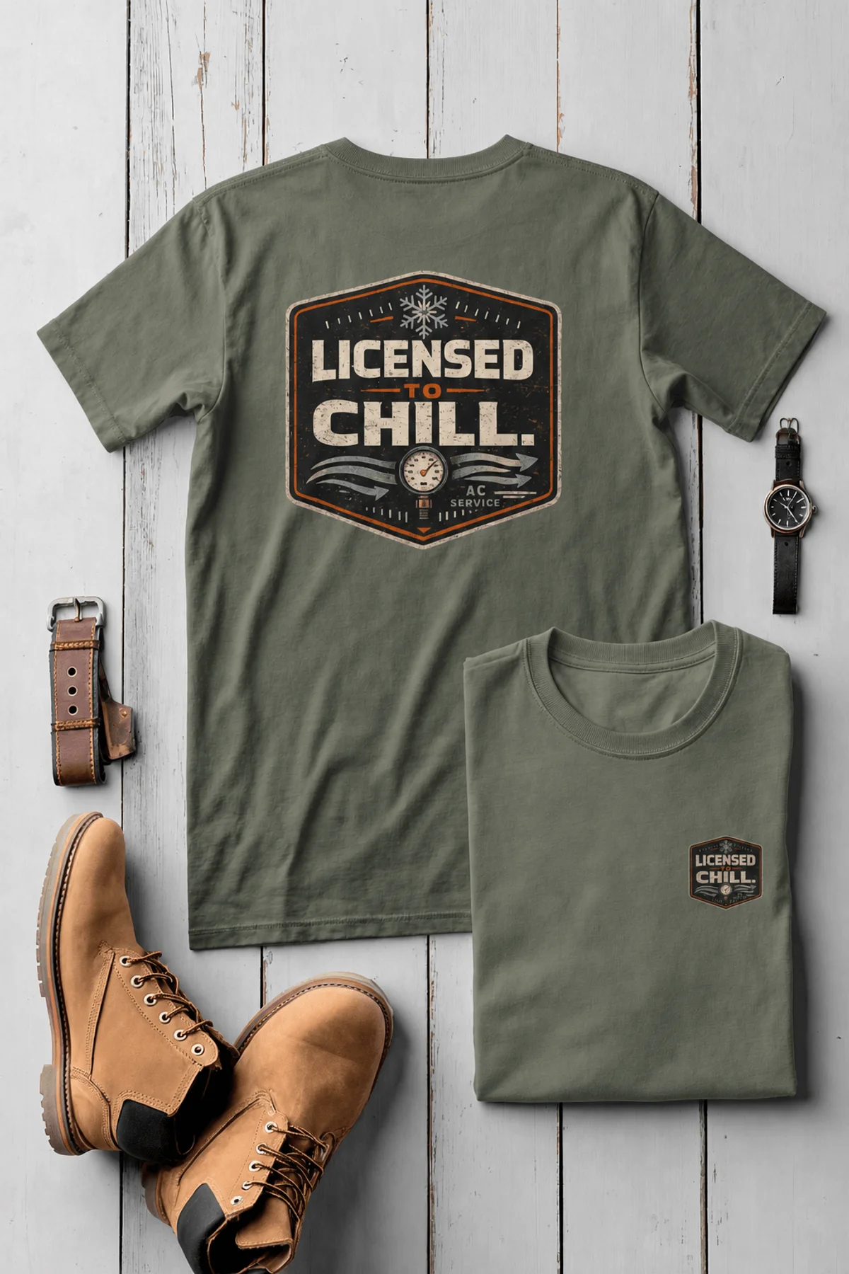 Funny HVAC Tee - "Licensed To Chill" HVAC Technician T-Shirt — moss t-shirt, flat-lay product photo | Pressure Tested Co
