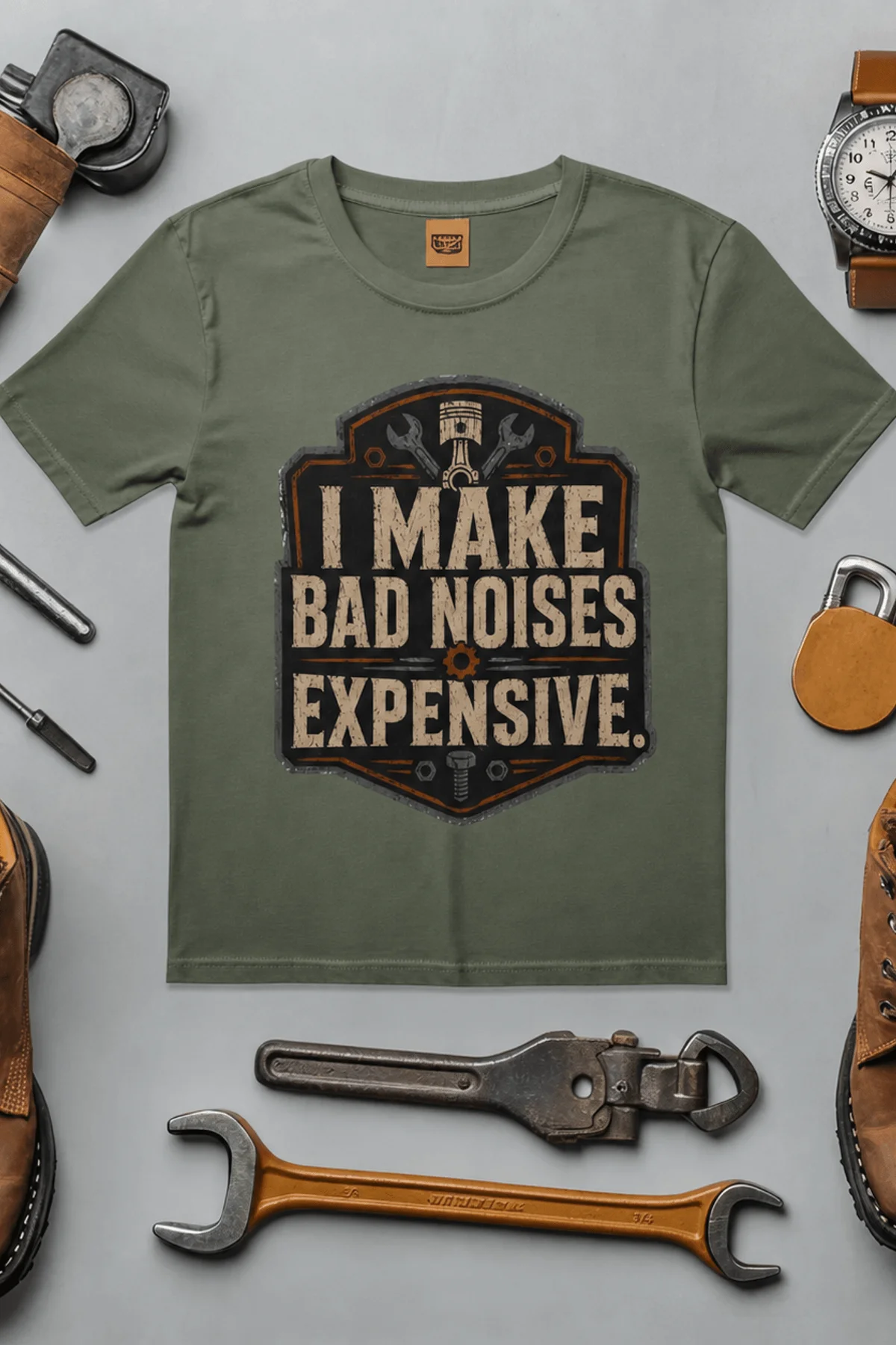 Funny Mechanic Tee - "I Make Bad Noises Expensive" Technician Worker/ Mechanic / Gearhead Tee — moss t-shirt, flat-lay product photo | Pressure Tested Co