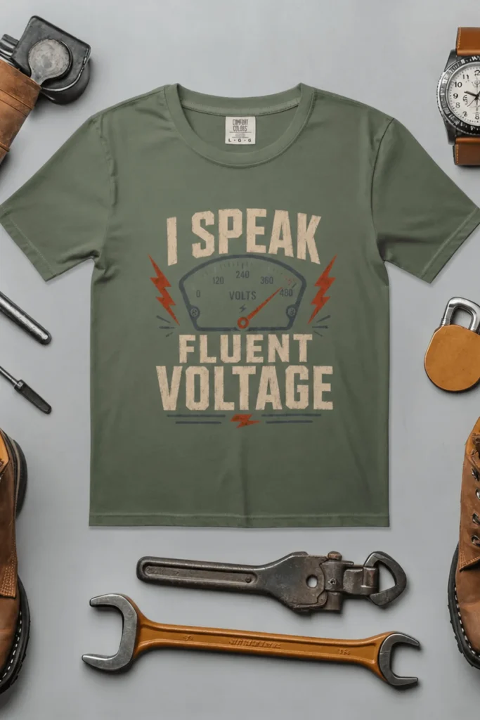 I Speak Fluent Voltage T-Shirt — Electrician & Electronics Tech Gift — moss t-shirt, flat-lay product photo | Pressure Tested Co