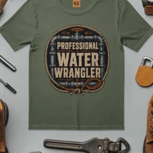 Funny Plumber Tee - "Professional Water Wrangler" Rustic Rope Graphic T-Shirt — moss t-shirt, flat-lay product photo | Pressure Tested Co