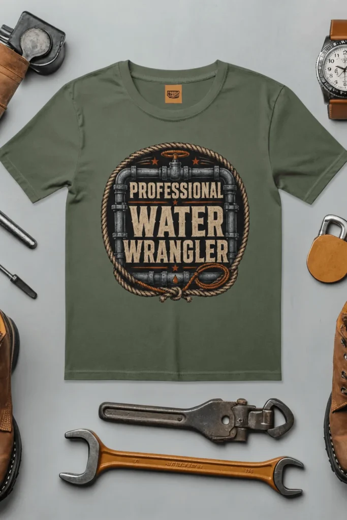 Funny Plumber Tee - "Professional Water Wrangler" Rustic Rope Graphic T-Shirt — moss t-shirt, flat-lay product photo | Pressure Tested Co