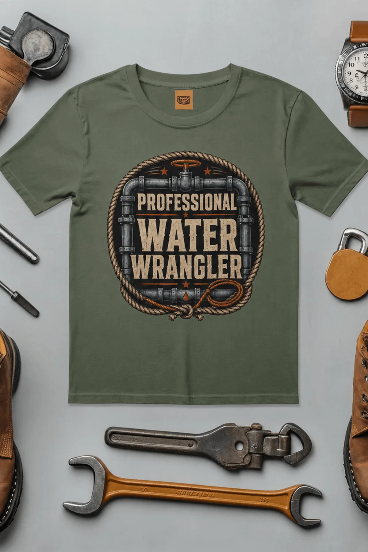 Funny Plumber Tee - "Professional Water Wrangler" Rustic Rope Graphic T-Shirt — moss t-shirt, flat-lay product photo | Pressure Tested Co